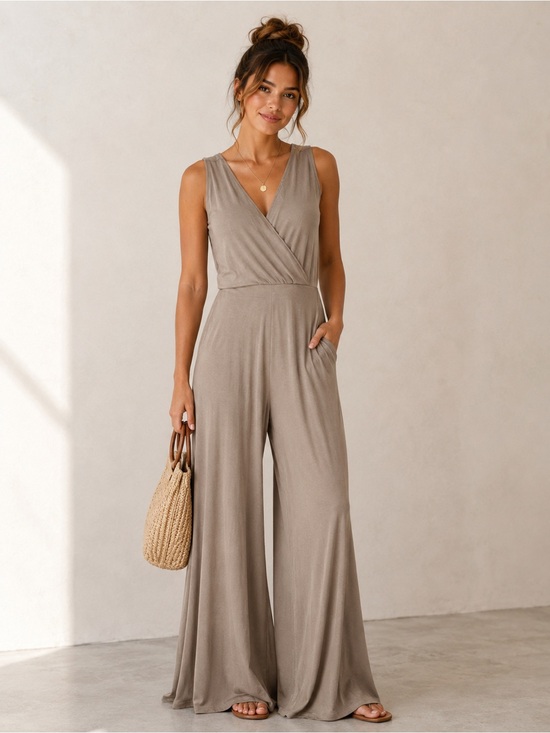 Zenana Outfitters Pants - Zenana Taupe Wide Leg Sleeveless Wrap Jumpsuit Romper L Soft Stretch Casual